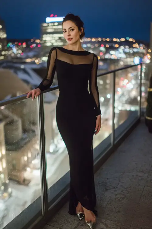 A woman wears a body-hugging long-sleeve gown in black with sheer paneling and silver heels