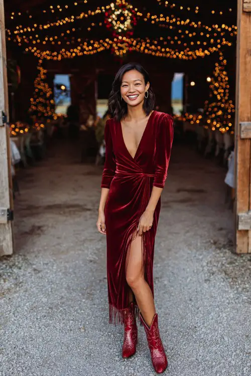 A woman wears a candy apple red velvet high-slit gown with glittering fringe and cherry red cowboy boots