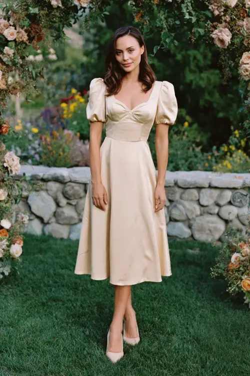 A woman wears a champagne-colored A-line dress with puff sleeves, pearl studs, and beige slingback heels