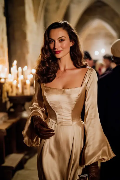 A woman wears a champagne silk dress with a deep square neckline and sweeping bell sleeves