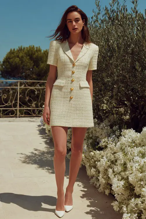 A woman wears a cream-colored tweed short dress with gold buttons and white pointed heels