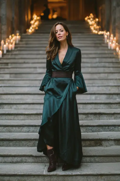 A woman wears a dark emerald gown with flutter sleeves and a gold belt, styled with a tailored blazer and ankle boots
