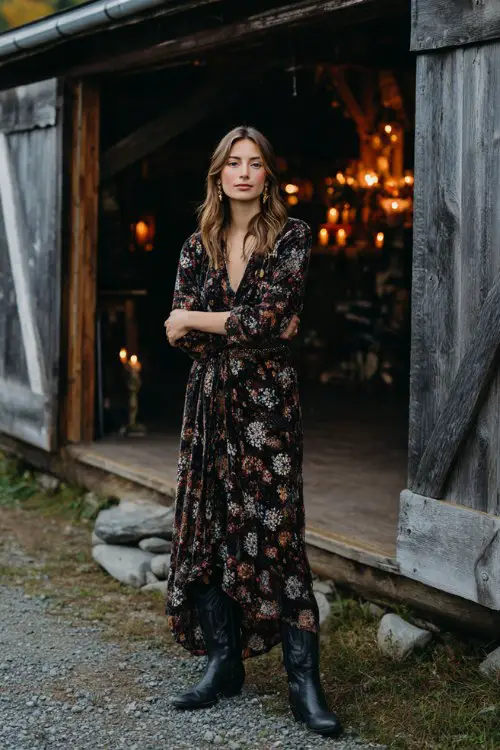 A woman wears a dark floral long-sleeve maxi dress with a dramatic side slit, black leather cowboy boots