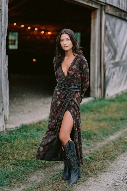A woman wears a dark floral long-sleeve maxi dress with a dramatic side slit, black leather cowboy boots