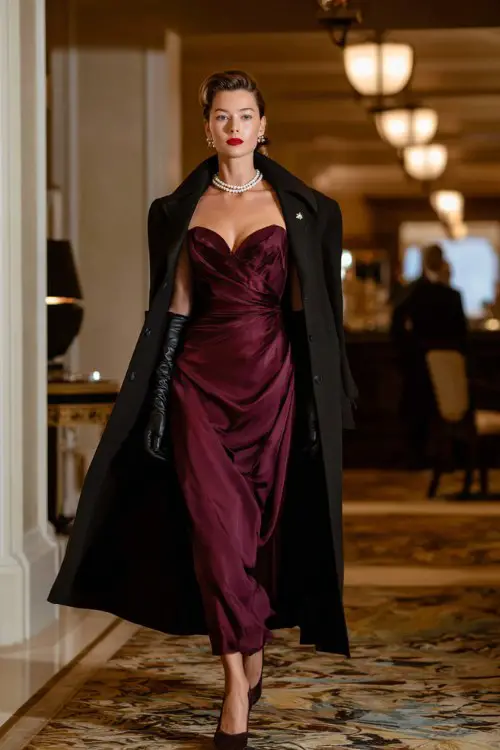 A woman wears a dark wine gown with a draped neckline and cape-effect sleeves, topped with a tailored black coat and pearl accessories