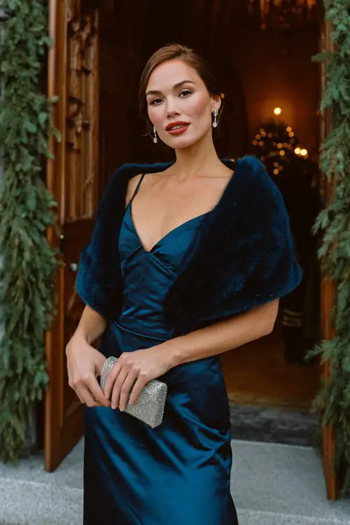 A woman wears a deep blue satin dress with a faux fur capelet and pearl clutch