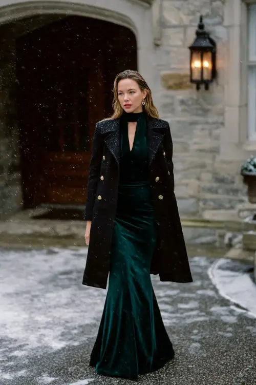 A woman wears a deep emerald green velvet mermaid gown with a high neckline and long sleeves, layered under a structured black wool coat with gold buttons