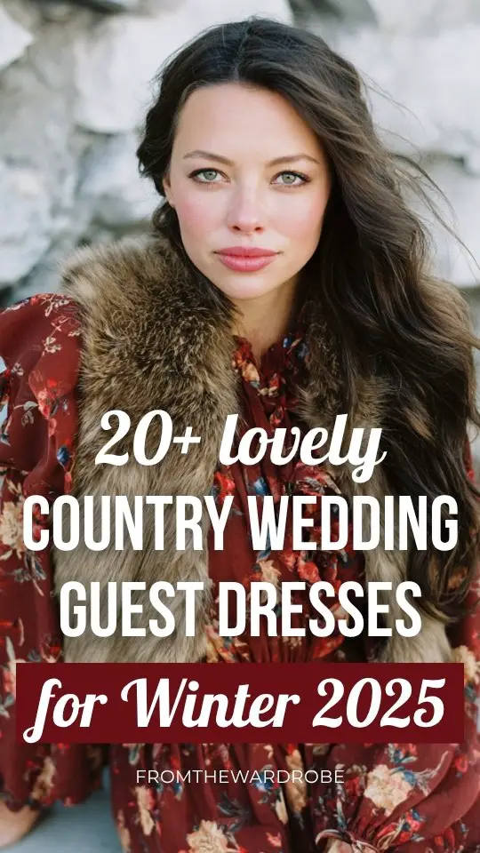 A woman wears a deep red floral print country wedding guest dress with long sleeves and ruffle hem, styled with a faux fur stole for winter