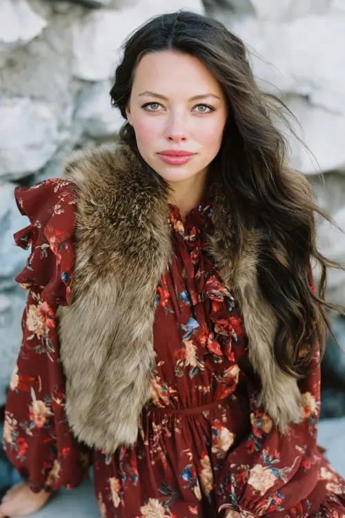 A woman wears a deep red floral print dress with long sleeves and ruffle hem, styled with a faux fur stole