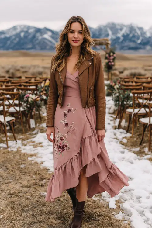 A woman wears a dusty rose high-low hemline dress with floral embroidery and a tiered ruffle skirt, styled with a brown leather jacket and mid-calf boots
