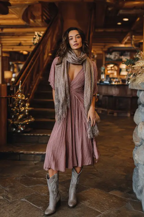 A woman wears a dusty rose pleated midi dress with shimmer accents, paired with soft gray cowboy boots and a beaded shawl