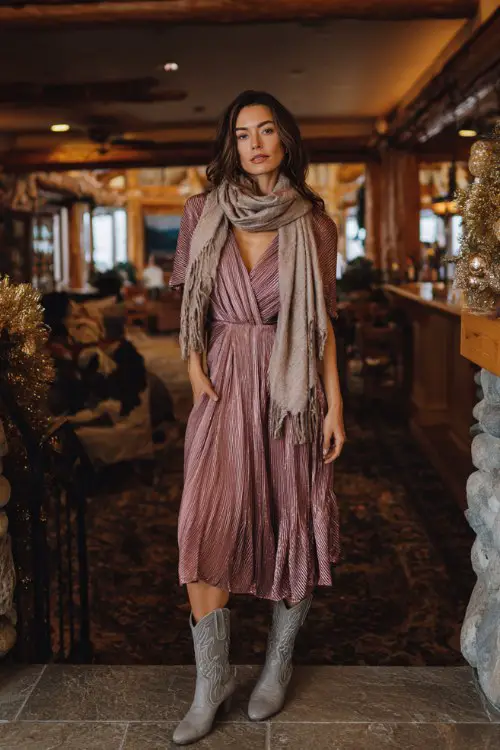 A woman wears a dusty rose pleated midi dress with shimmer accents, paired with soft gray cowboy boots and a beaded shawl