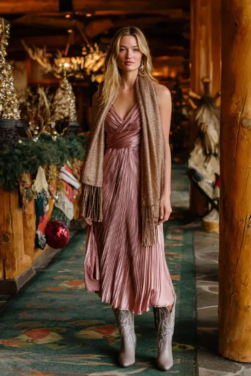 A woman wears a dusty rose pleated midi dress with shimmer accents, paired with soft gray cowboy boots and a beaded shawl