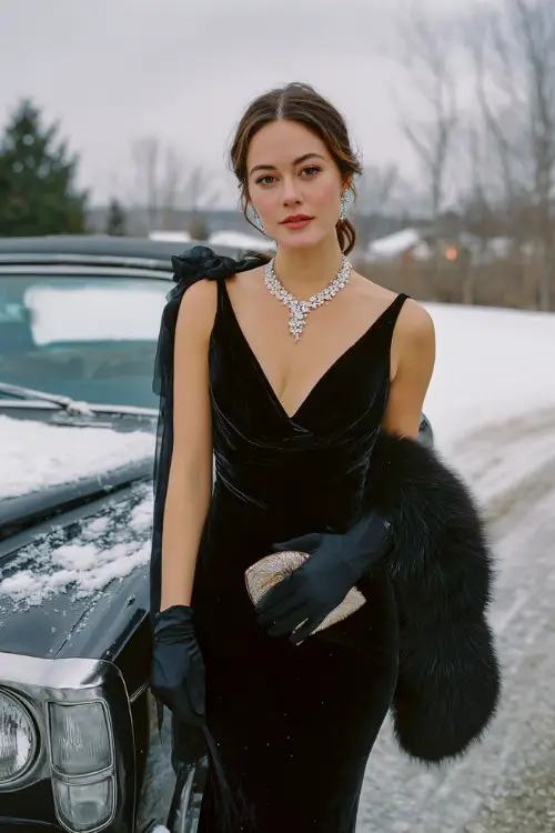 A woman wears a fitted black velvet gown with a plunging neckline and sheer cape overlay, styled with a statement crystal necklace and faux fur muff