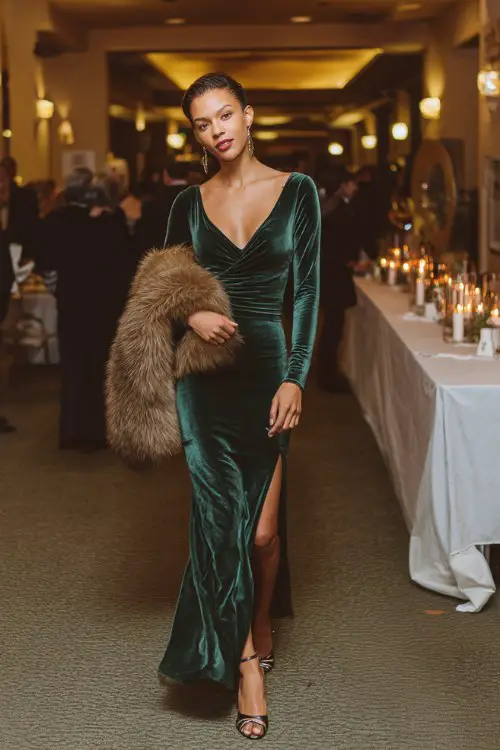 A woman wears a floor-length emerald green velvet gown with long fitted sleeves and a side slit, styled with metallic heels and a faux fur stole
