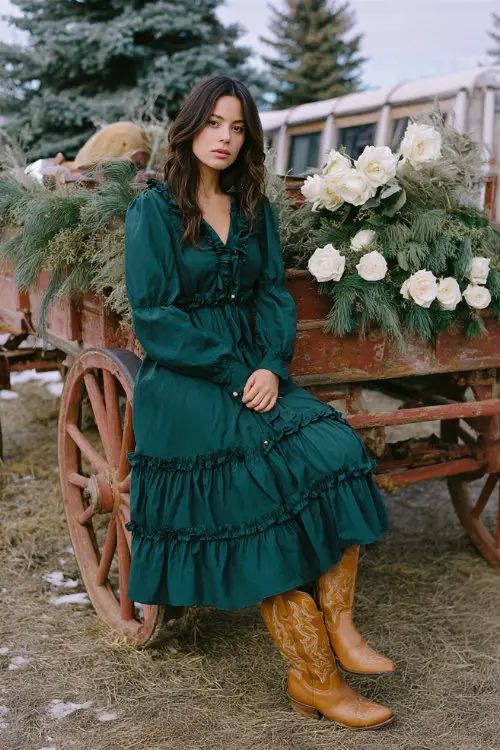 A woman wears a forest green long-sleeve dress with tiered ruffles and tan western-inspired boots, posing beside a vintage wagon decorated with pine boughs and white roses