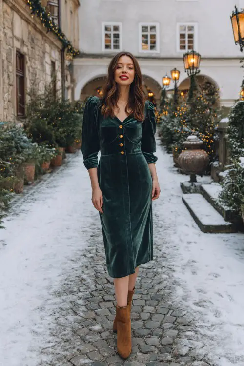 A woman wears a forest-green velvet midi dress with long sleeves and subtle gold buttons, paired with tan suede ankle boots