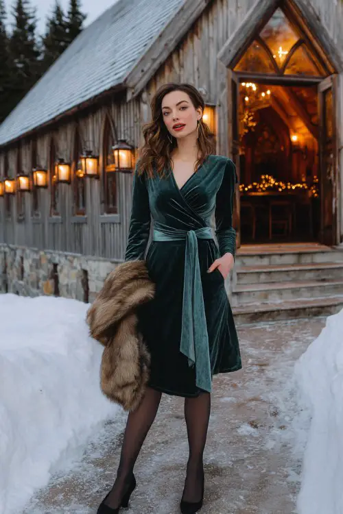 A woman wears a forest green velvet wrap dress with long sleeves and a waist tie, styled with dark tights, block heels, and a faux fur stole