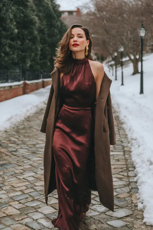 A woman wears a high-neck burgundy satin gown with a low back and a fitted silhouette, paired with a long wool coat and gold earrings