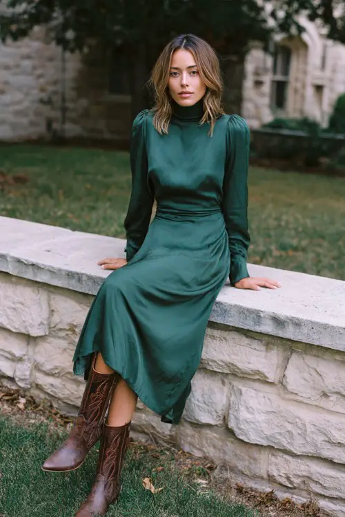 A woman wears a hunter green high-neck midi dress with long sleeves and distressed leather boots in a wedding