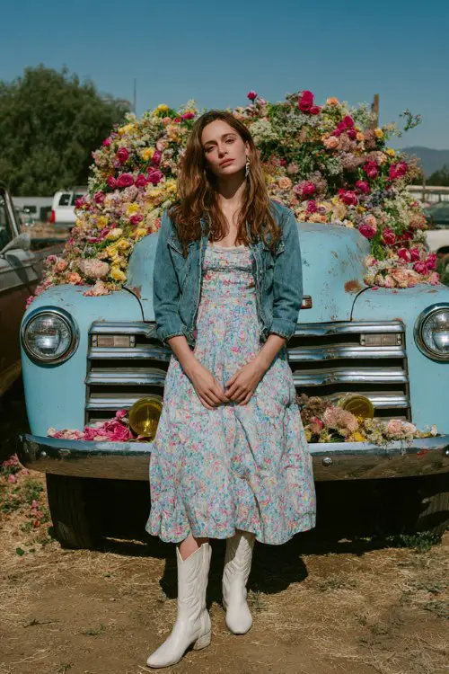 A woman wears a light blue floral dress with white cowboy boots and a denim jacket