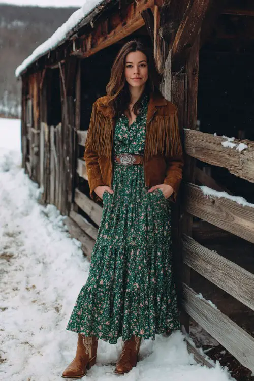 A woman wears a long-sleeve forest green floral maxi dress with a tiered skirt and cinched waist, styled with a suede fringe jacket and brown cowboy boots (2)
