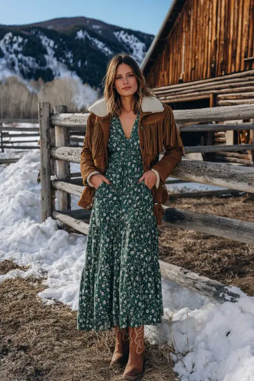 A woman wears a long-sleeve forest green floral maxi dress with a tiered skirt and cinched waist, styled with a suede fringe jacket and brown cowboy boots