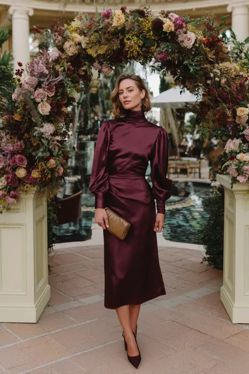 A woman wears a long-sleeved high-neck satin dress in deep plum, paired with a clutch and suede heels