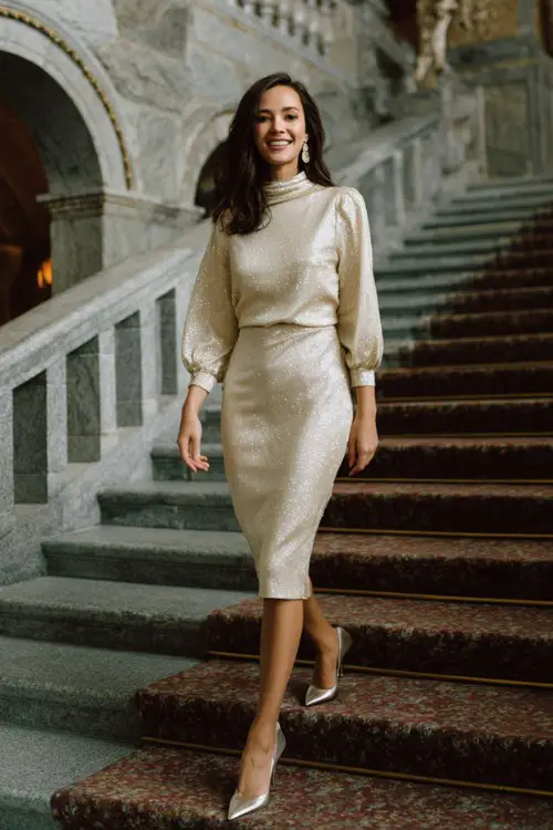 A woman wears a long-sleeved mock neck dress with subtle shimmer in champagne gold, metallic pumps, and drop earrings