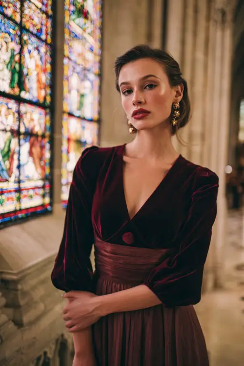 A woman wears a long-sleeved wine-colored dress with a velvet bodice and flowing chiffon skirt, styled with low bun and vintage earrings