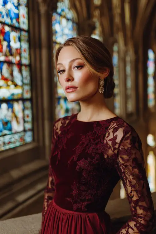 A woman wears a long-sleeved wine-colored dress with a velvet bodice and flowing chiffon skirt, styled with low bun and vintage earrings