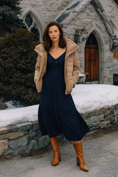 A woman wears a navy blue fit-and-flare midi dress, layered with a cropped quilted jacket and tan leather boots