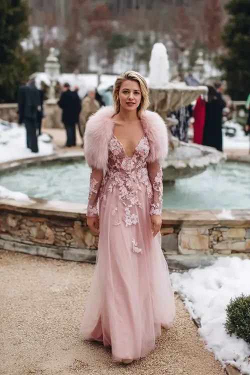 A woman wears a pastel pink long-sleeve tulle gown with embroidered floral appliqués, layered with a soft faux fur capelet