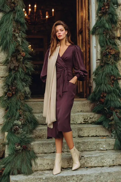 A woman wears a plum chiffon midi dress with puff sleeves, a beige wool wrap, and heeled boots