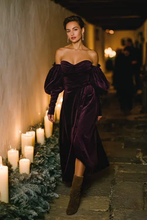 A woman wears a plum velvet off-shoulder gown with puff sleeves, knee-high suede boots