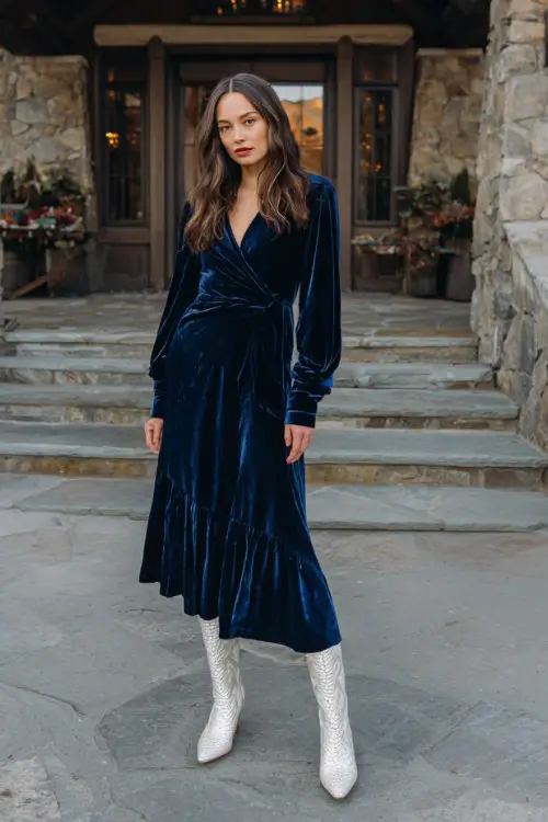 A woman wears a rich navy velvet dress with a tulip hem and blouson sleeves, styled with white snakeskin cowboy boots