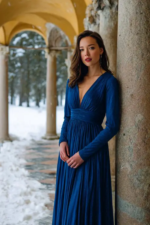 A woman wears a royal blue long-sleeved gown with gentle pleats and a subtle shimmer