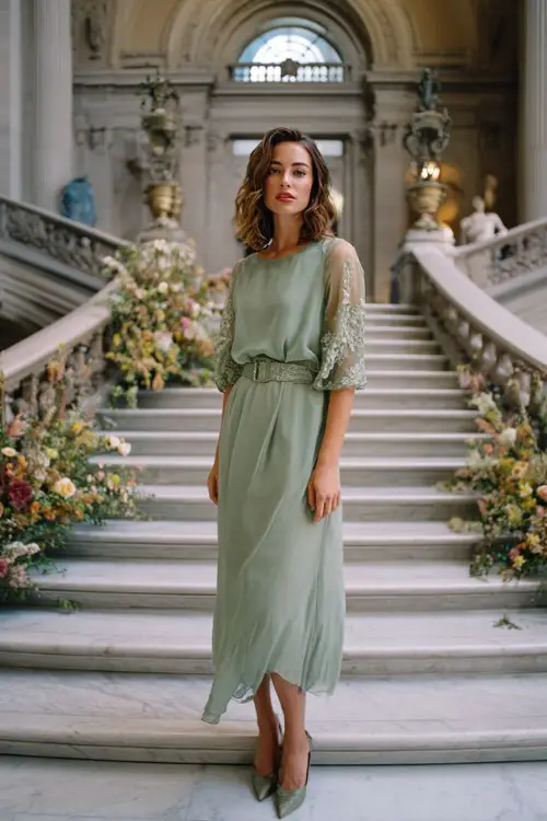 A woman wears a sage green slip dress with sheer embroidered sleeves and a structured belt, stepping into a marble hall