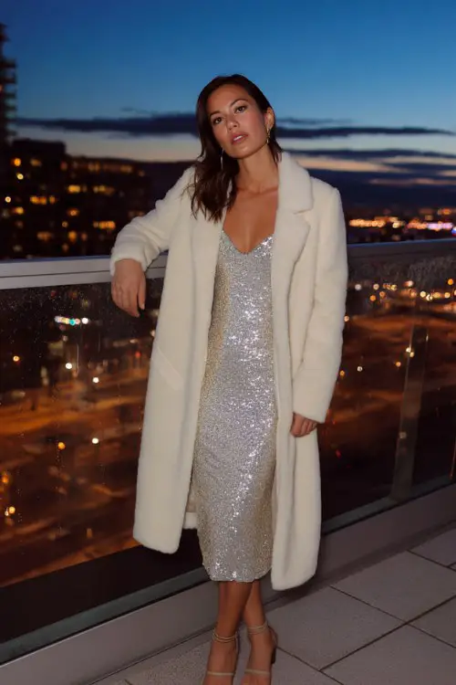 A woman wears a silver sequin midi dress with a long white wool coat and strappy heels