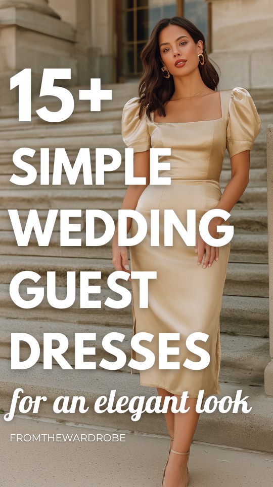 A woman wears a simple champagne wedding guest dress with puffed sleeves