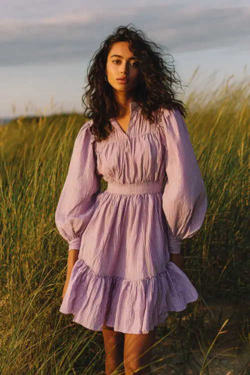 A woman wears a soft lilac smocked dress with puff sleeves and a ruffled hem