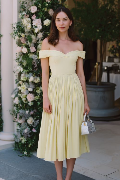 A woman wears a soft yellow off-the-shoulder wedding guest dress with a pleated midi skirt