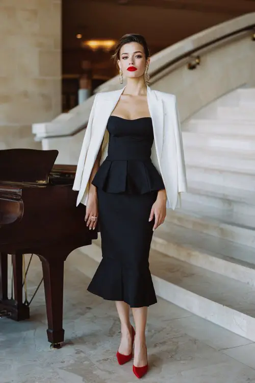 A woman wears a structured black peplum midi dress with a square neckline, styled with a cropped white jacket, red heels