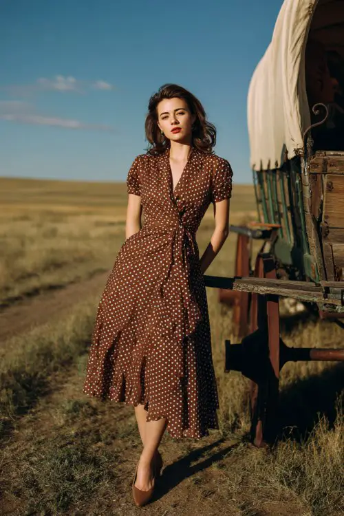 A woman wears a tea-length polka-dot dress with a cinched waist and kitten heels