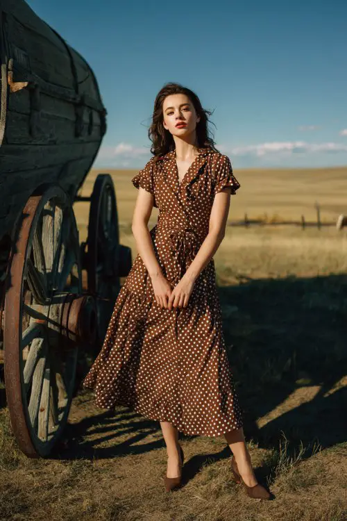 A woman wears a tea-length polka-dot dress with a cinched waist and kitten heels