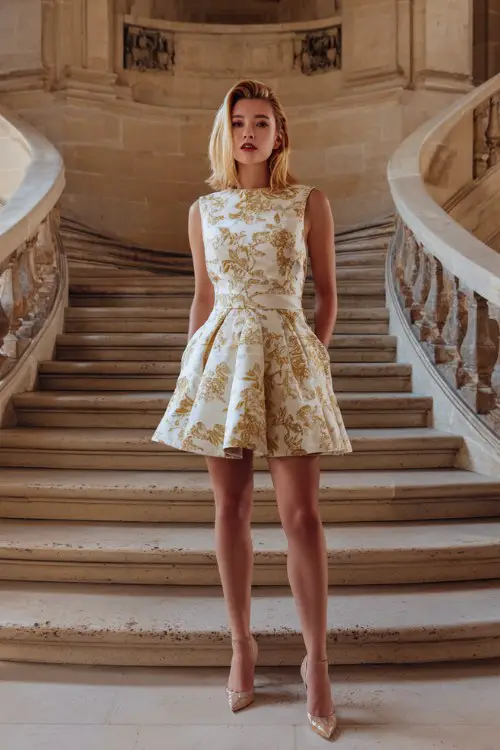 A woman wears a white and gold brocade short dress with a flared skirt and matching heels