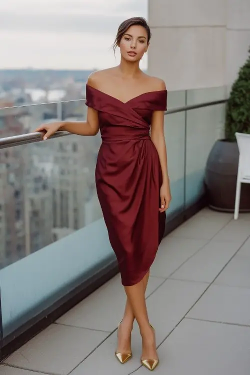 A woman wears a wine red wedding guest dress with an off-shoulder draped design and gold heels