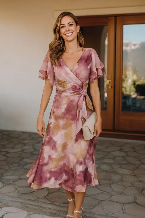 An elegant guest in a tea-length dress with a painterly watercolor pattern with flutter sleeves