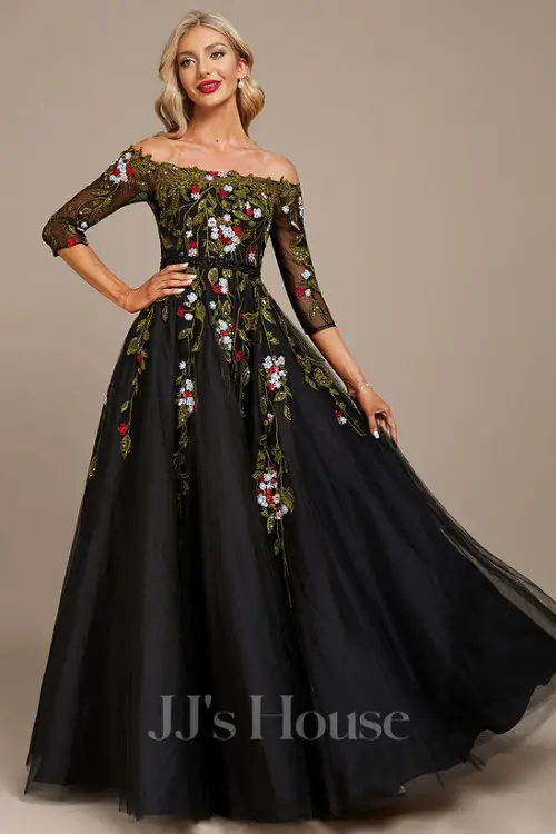 Ball-GownPrincess Off the Shoulder Floor-Length Lace Floral Tulle Evening Dress With Beading