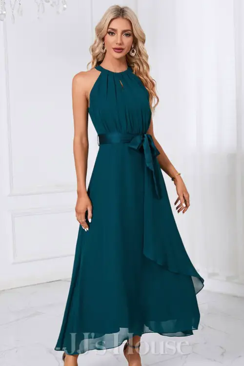 Cascading Ruffles Halter Sleeveless A-line Chiffon Maxi Dress